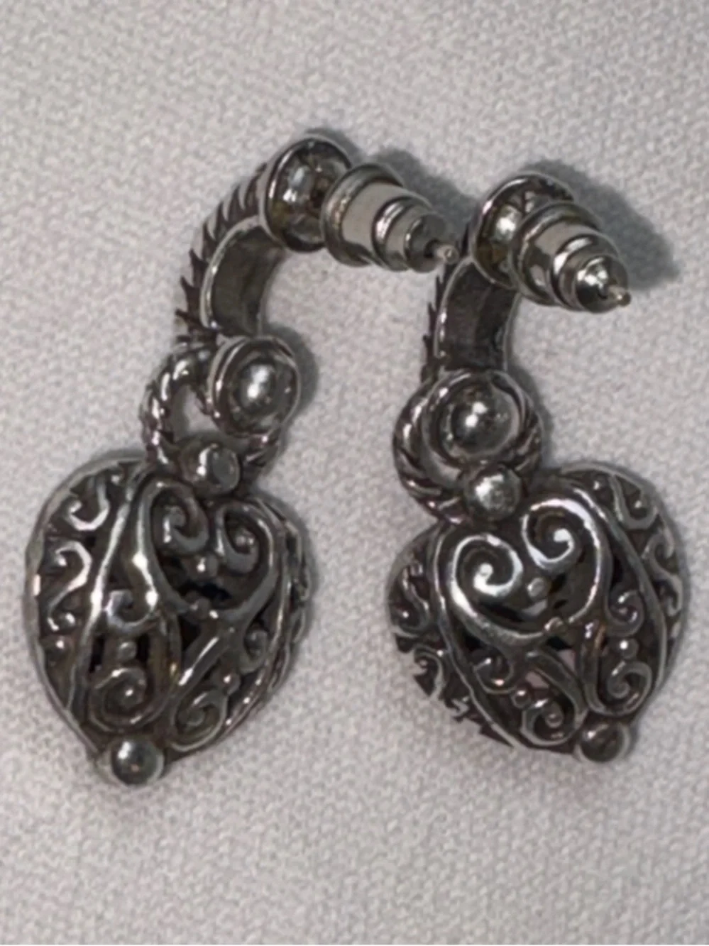 Brighton Bibi Heart Silver Scroll Puffy Heart Post Drop Earrings - Retired